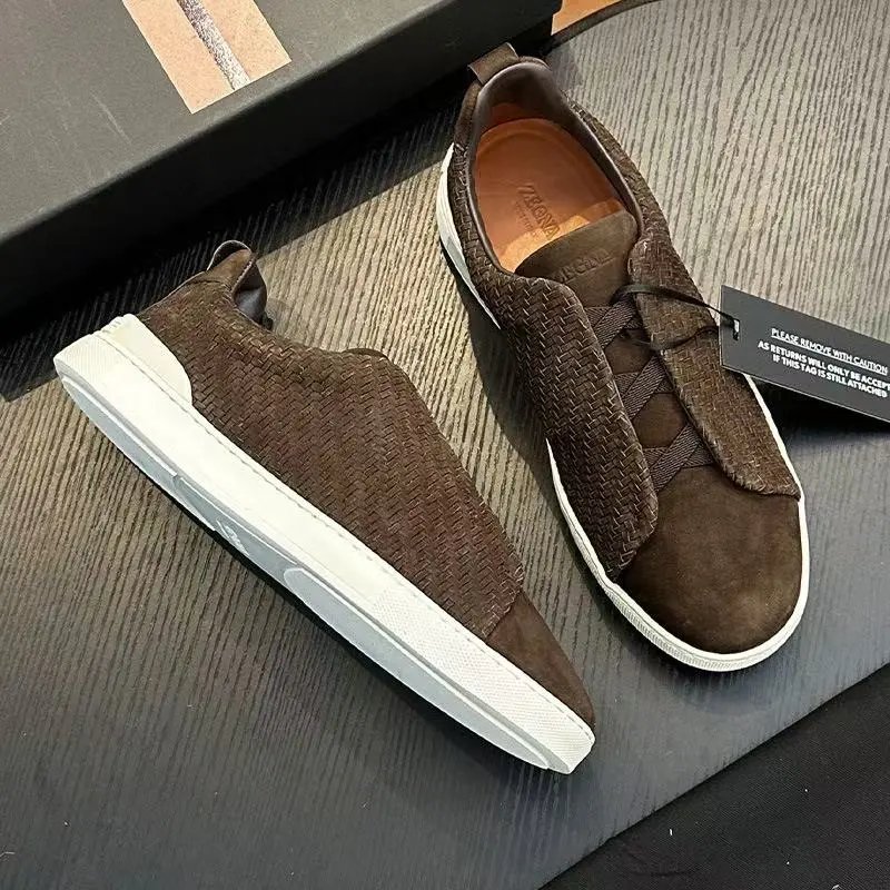 Zegna Leather Shoes Triple Stitch Slip-On Sneakers — 36