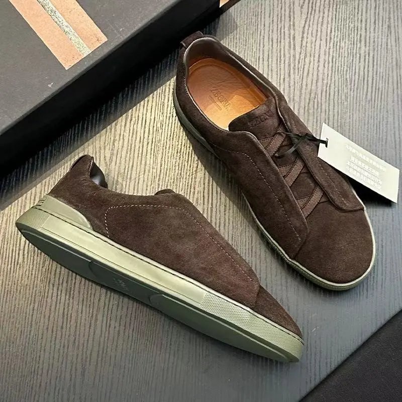 Zegna Leather Shoes Triple Stitch Slip-On Sneakers — 35