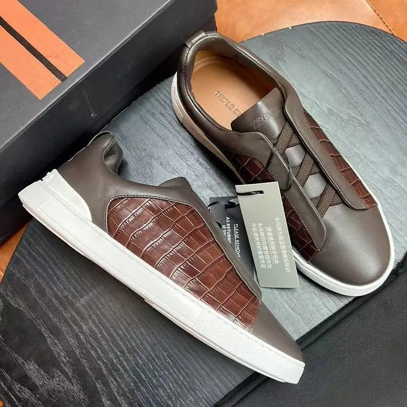 Zegna Leather Shoes Triple Stitch Slip-On Sneakers — 20