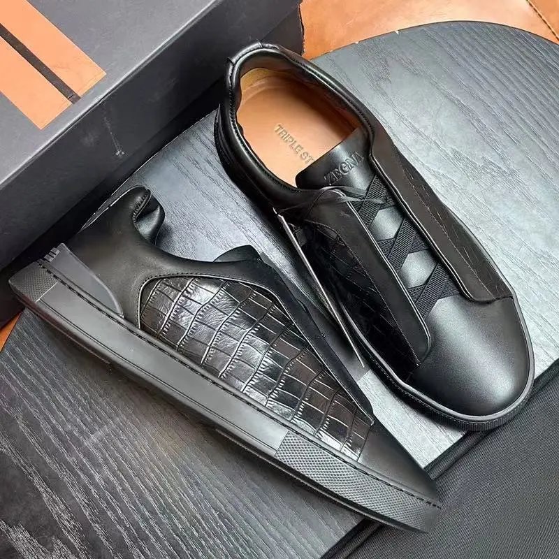 Zegna Leather Shoes Triple Stitch Slip-On Sneakers — 19