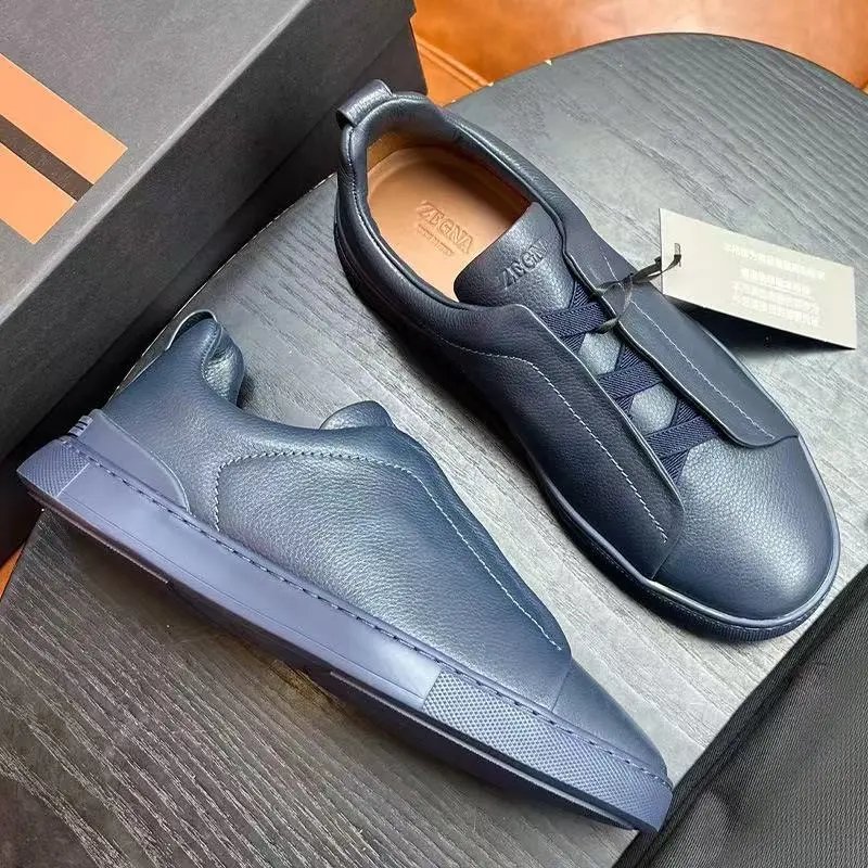 Zegna Leather Shoes Triple Stitch Slip-On Sneakers — 18