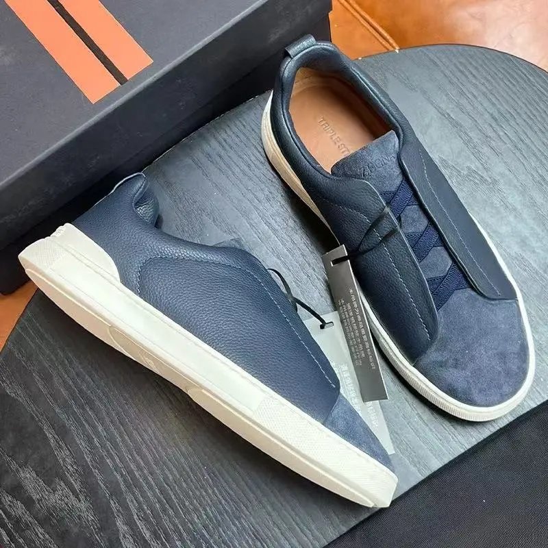 Zegna Leather Shoes Triple Stitch Slip-On Sneakers — 22