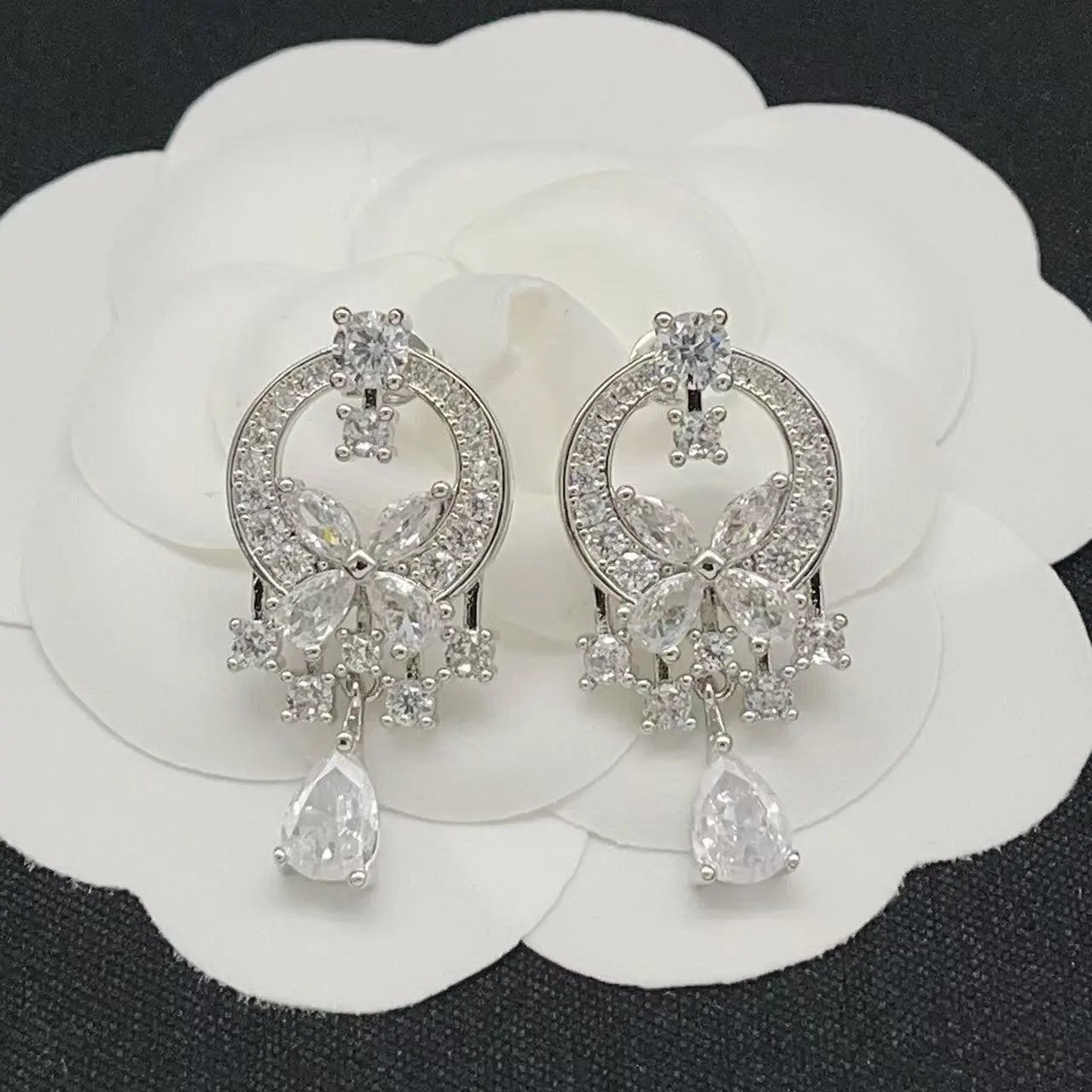 Crystal Floral Chandelier Earrings Silver