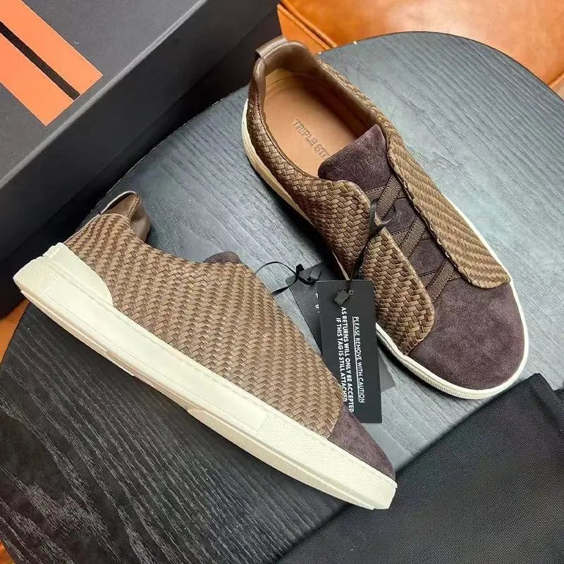 Zegna Leather Shoes Triple Stitch Slip-On Sneakers — 26