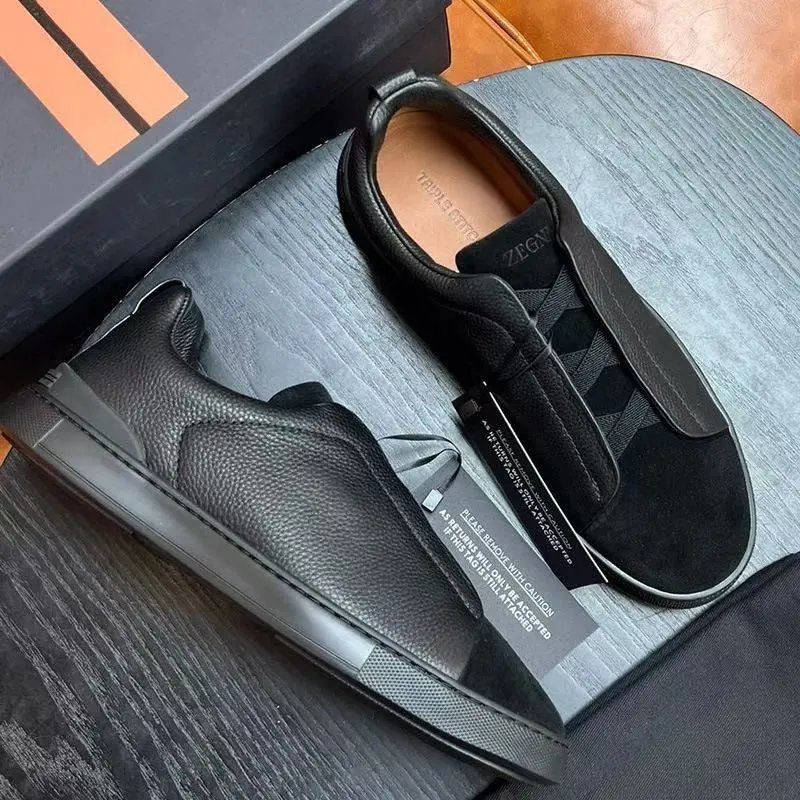 Zegna Leather Shoes Triple Stitch Slip-On Sneakers — 23