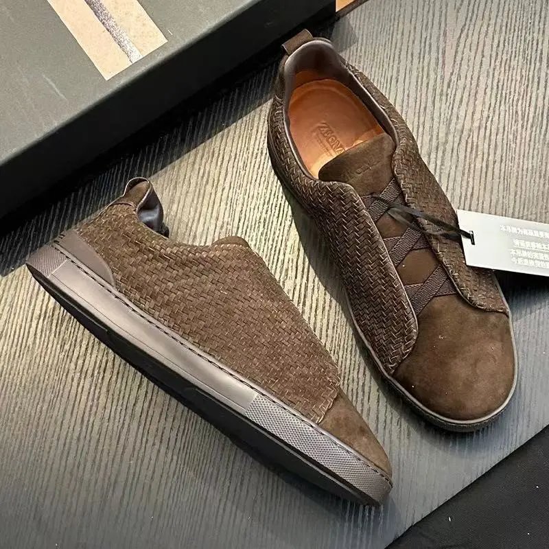 Zegna Leather Shoes Triple Stitch Slip-On Sneakers — 38