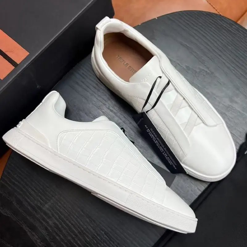 Zegna Leather Shoes Triple Stitch Slip-On Sneakers — 29