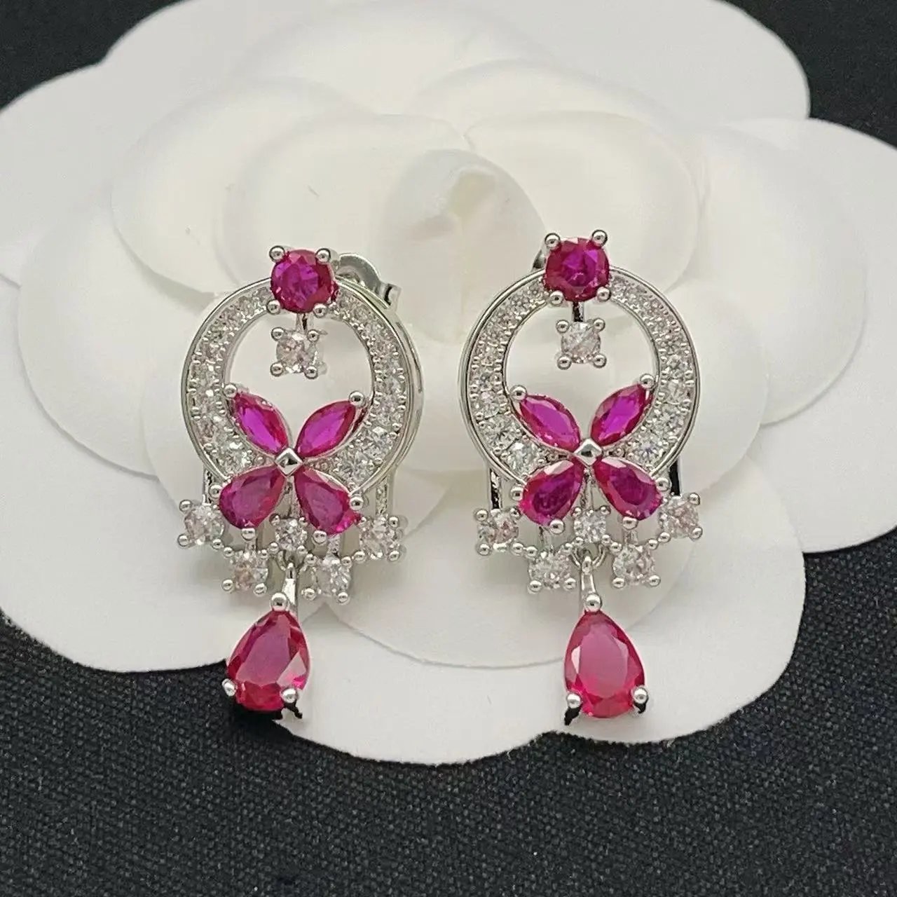Elegant Ruby and Diamond Floral Drop Earrings