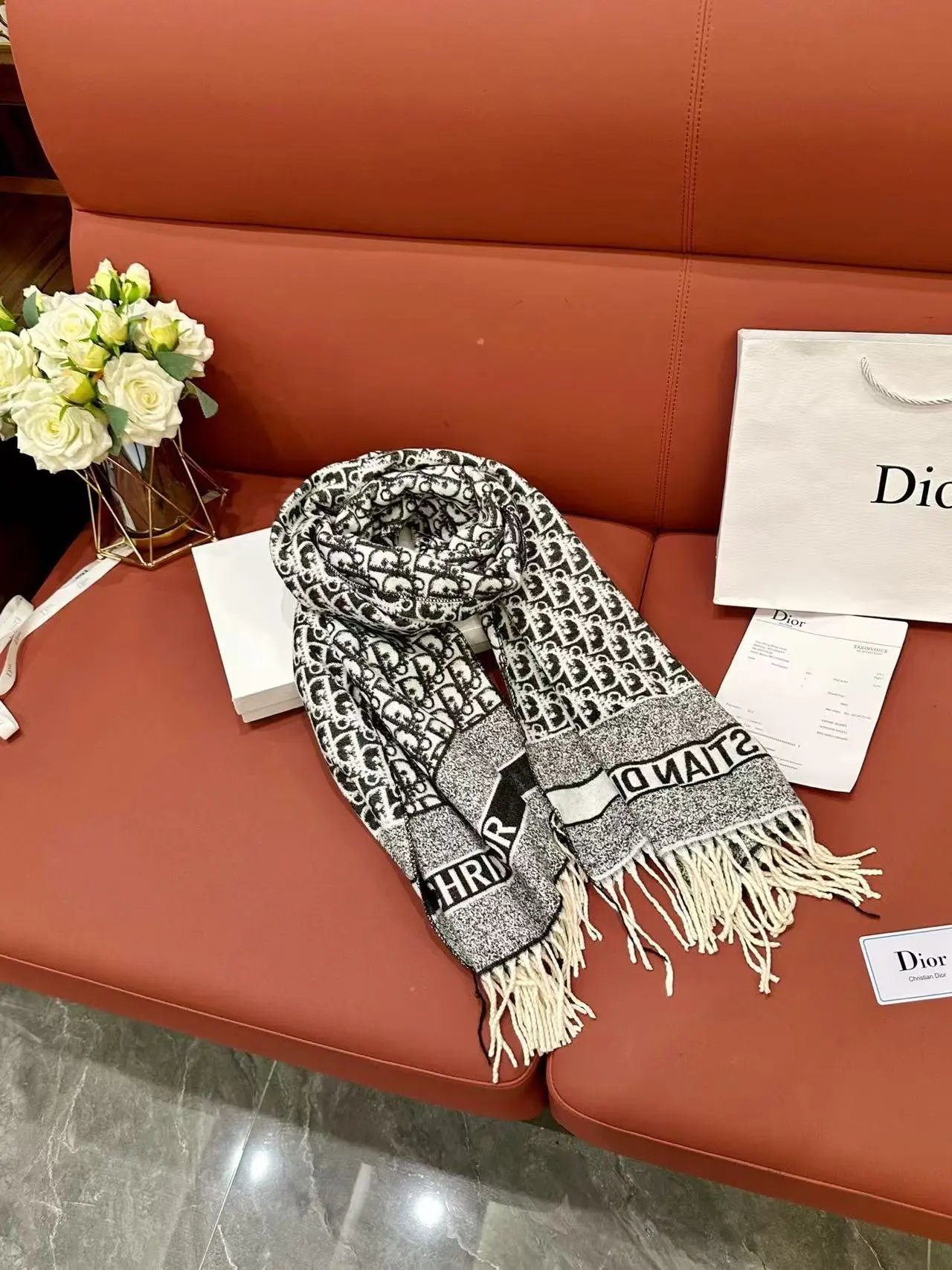 Burberry Scarves Embroidered check fringed scarf — 39