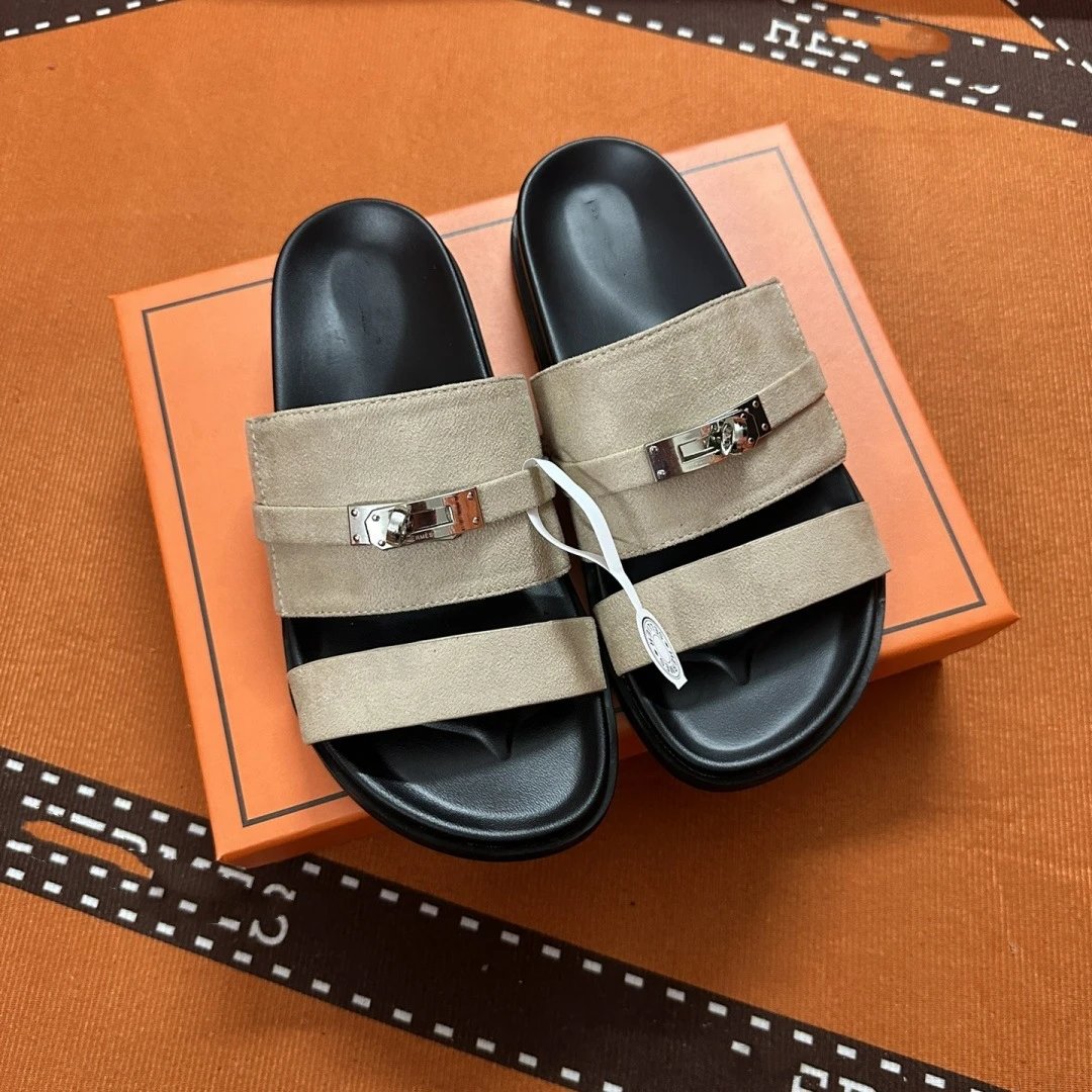 Hermès Sandals Two-strap flat with Kelly buckle — Suede apricot color