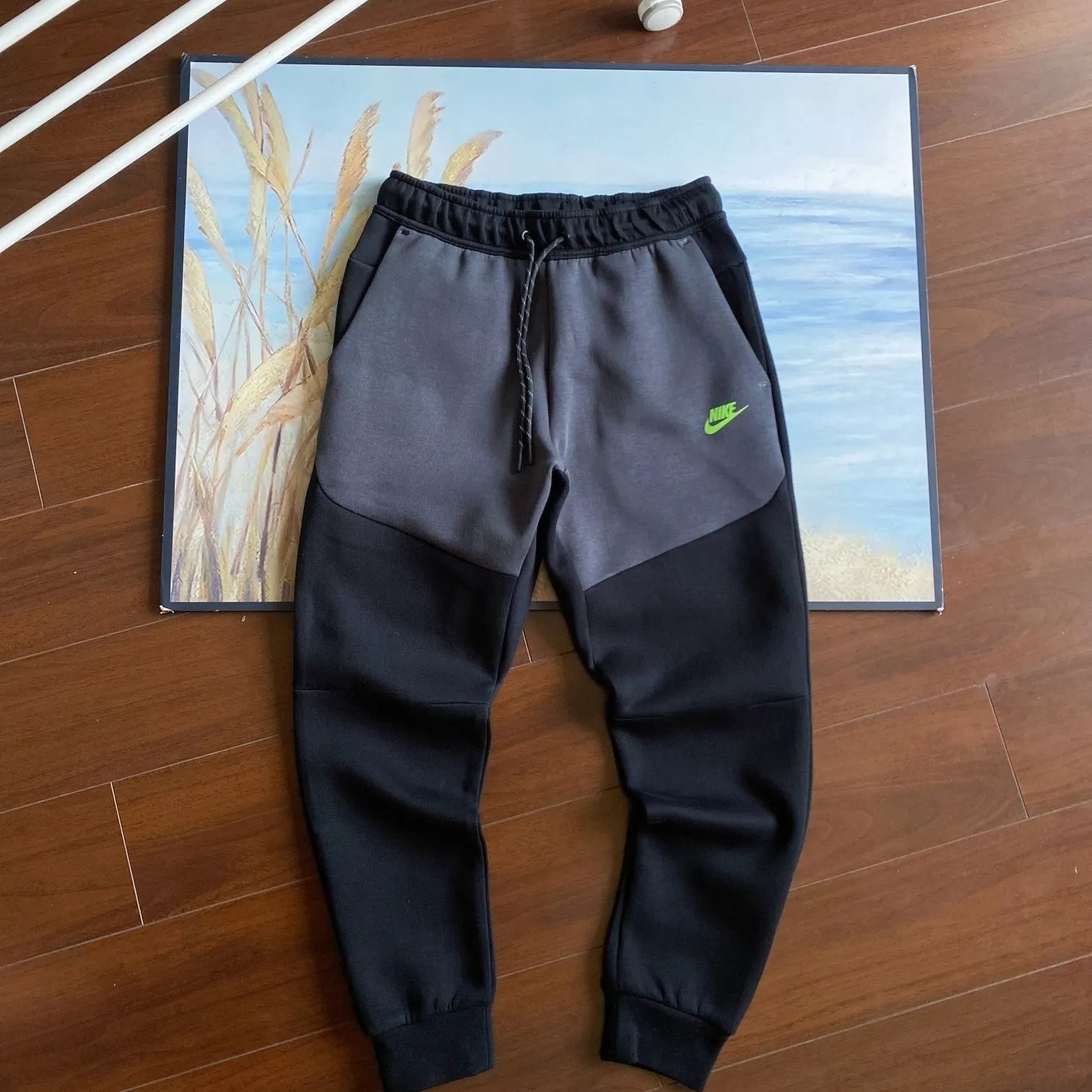 Black patchwork dark gray pants