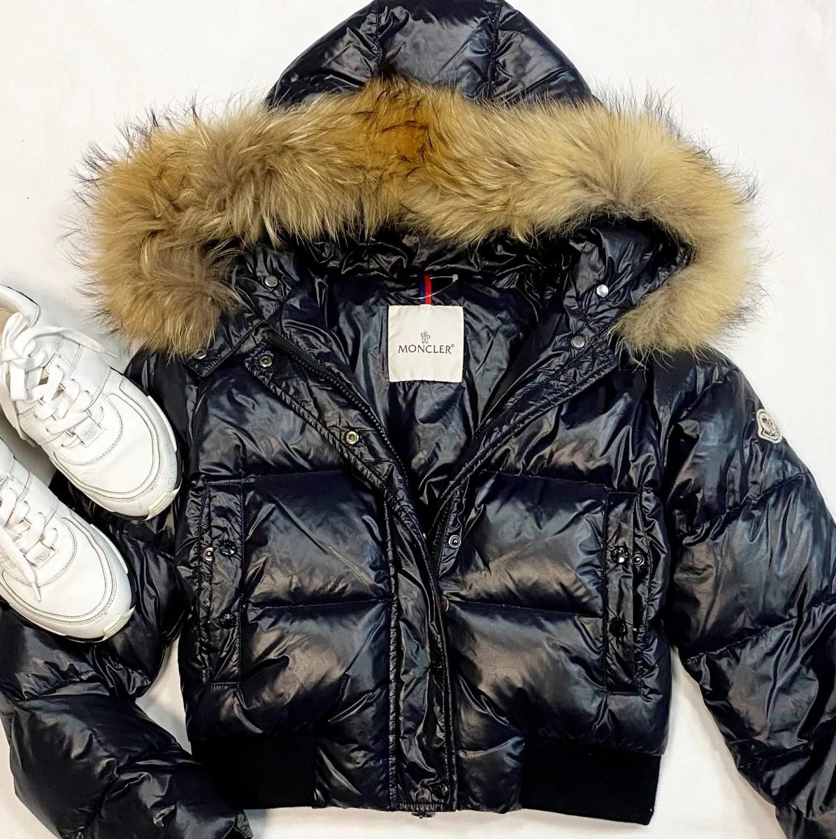 Moncler Winter Limited Edition White Goose Down Coat with Natural Raccoon Fur Collar