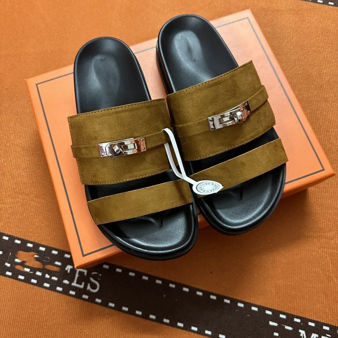 Hermès Sandals Two-strap flat with Kelly buckle — suede brown