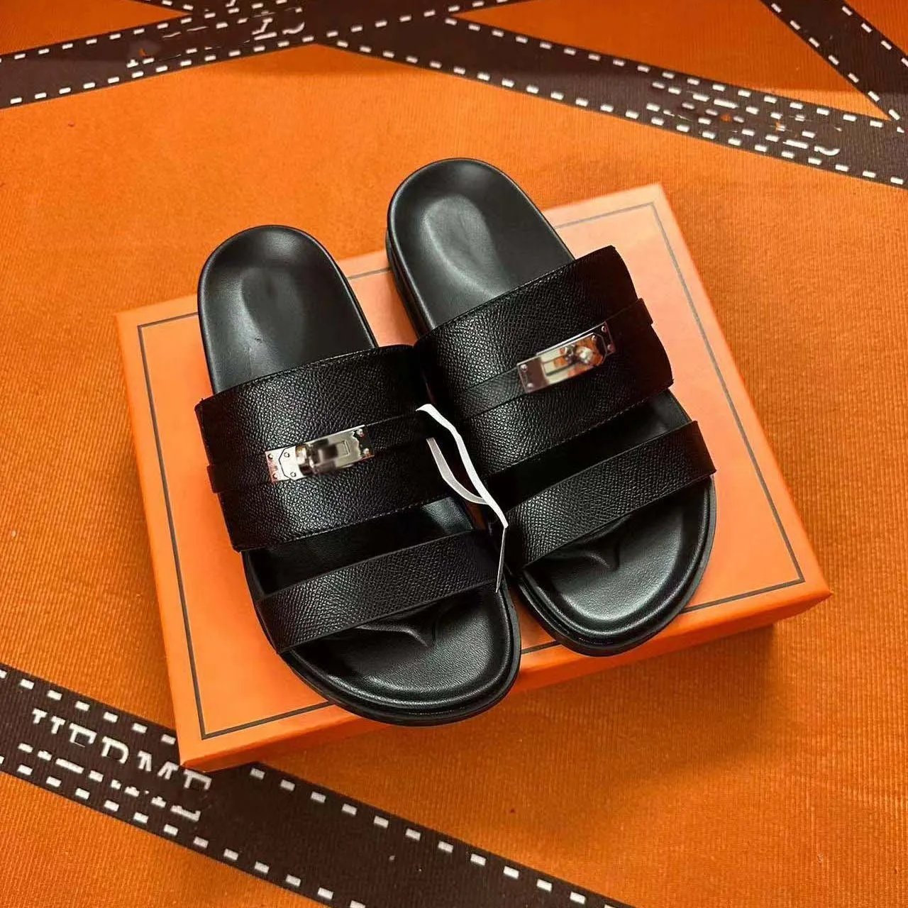 Hermès Sandals Two-strap flat with Kelly buckle — Black palm print