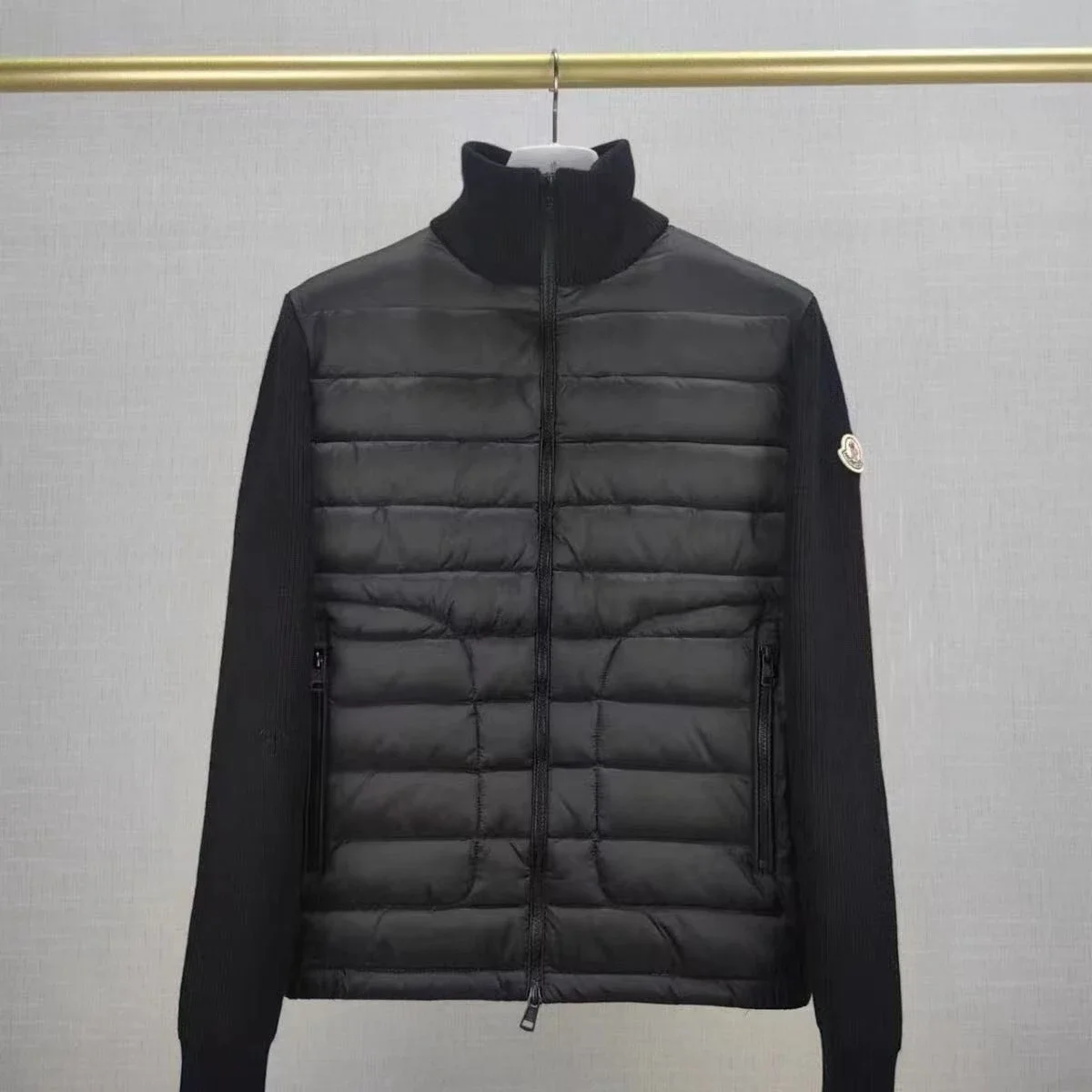 Moncler Lightweight Stand-Collar Down Jacket with Knit Panels