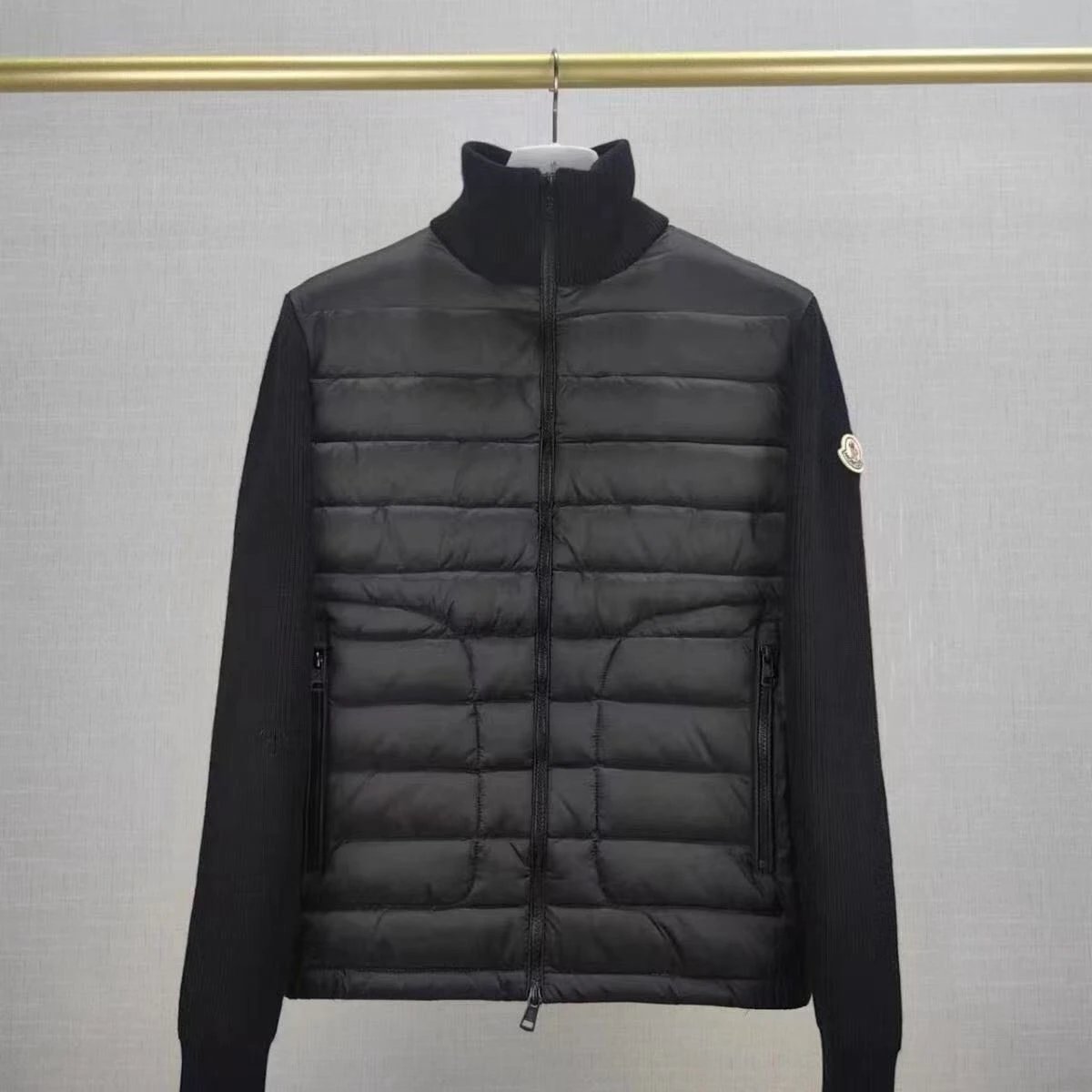 Moncler New Style Knitted Down Jacket Men's Patchwork White Goose Down Short Length Stand Collar Casual Cardigan Sweater