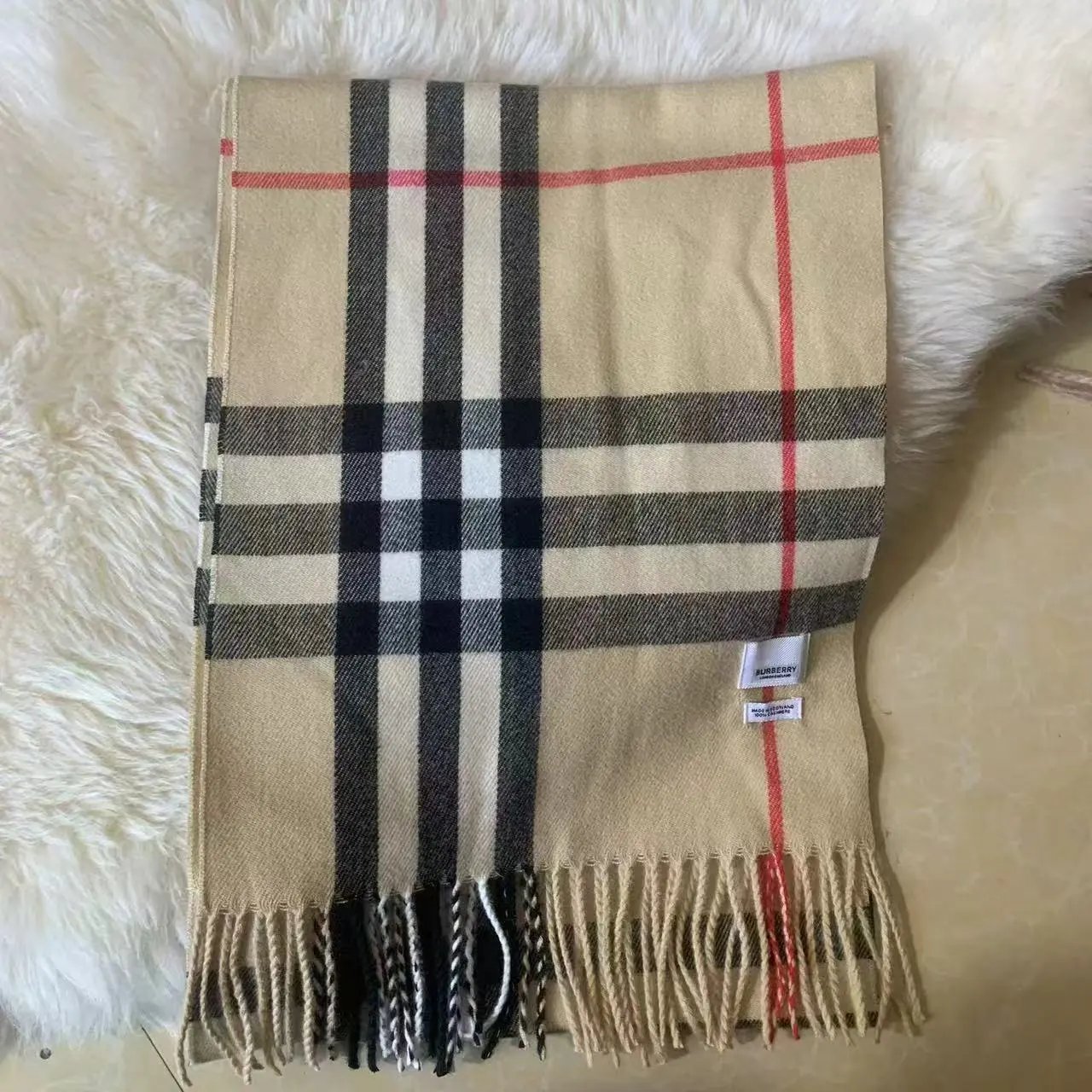 Burberry Scarves Classic Check Fringe Scarf — Beige