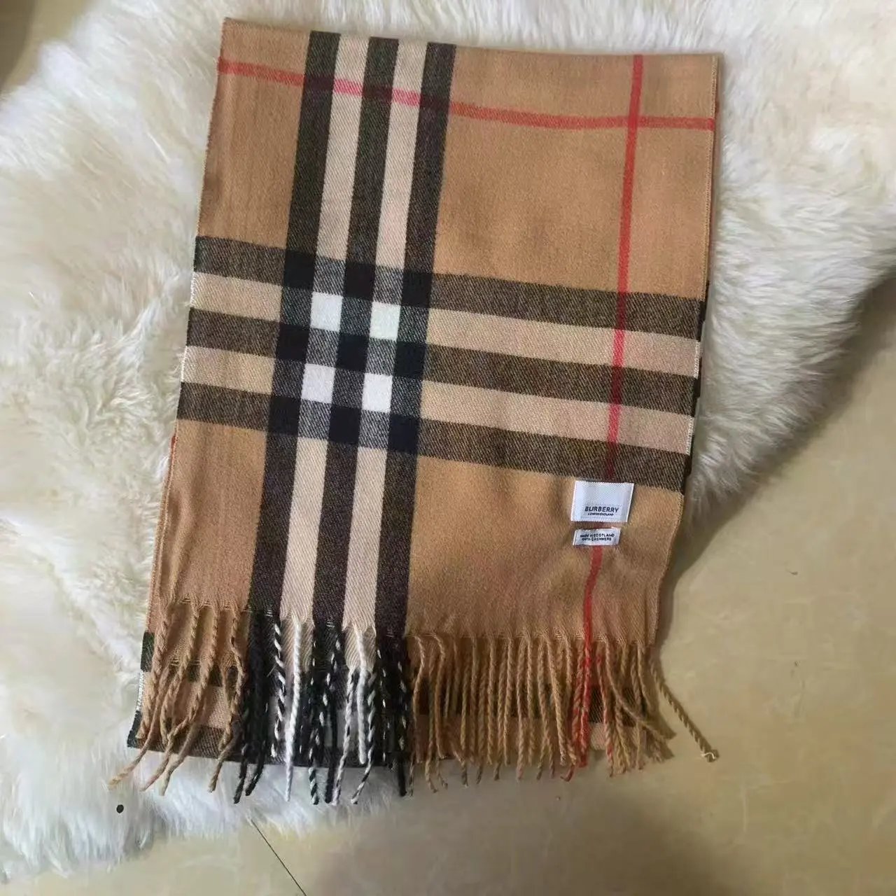 Burberry Scarves Classic Check Fringe Scarf — Khaki