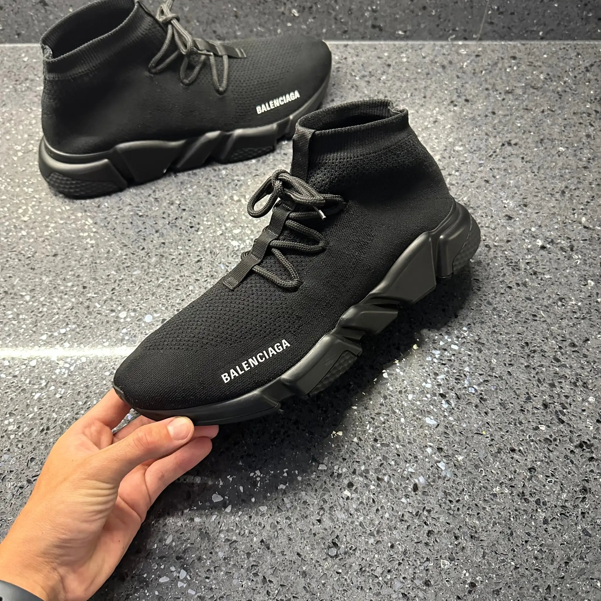 Balenciaga Sneakers Sock-knit high-top with segmented sole — Shoelace style, black with a black sole