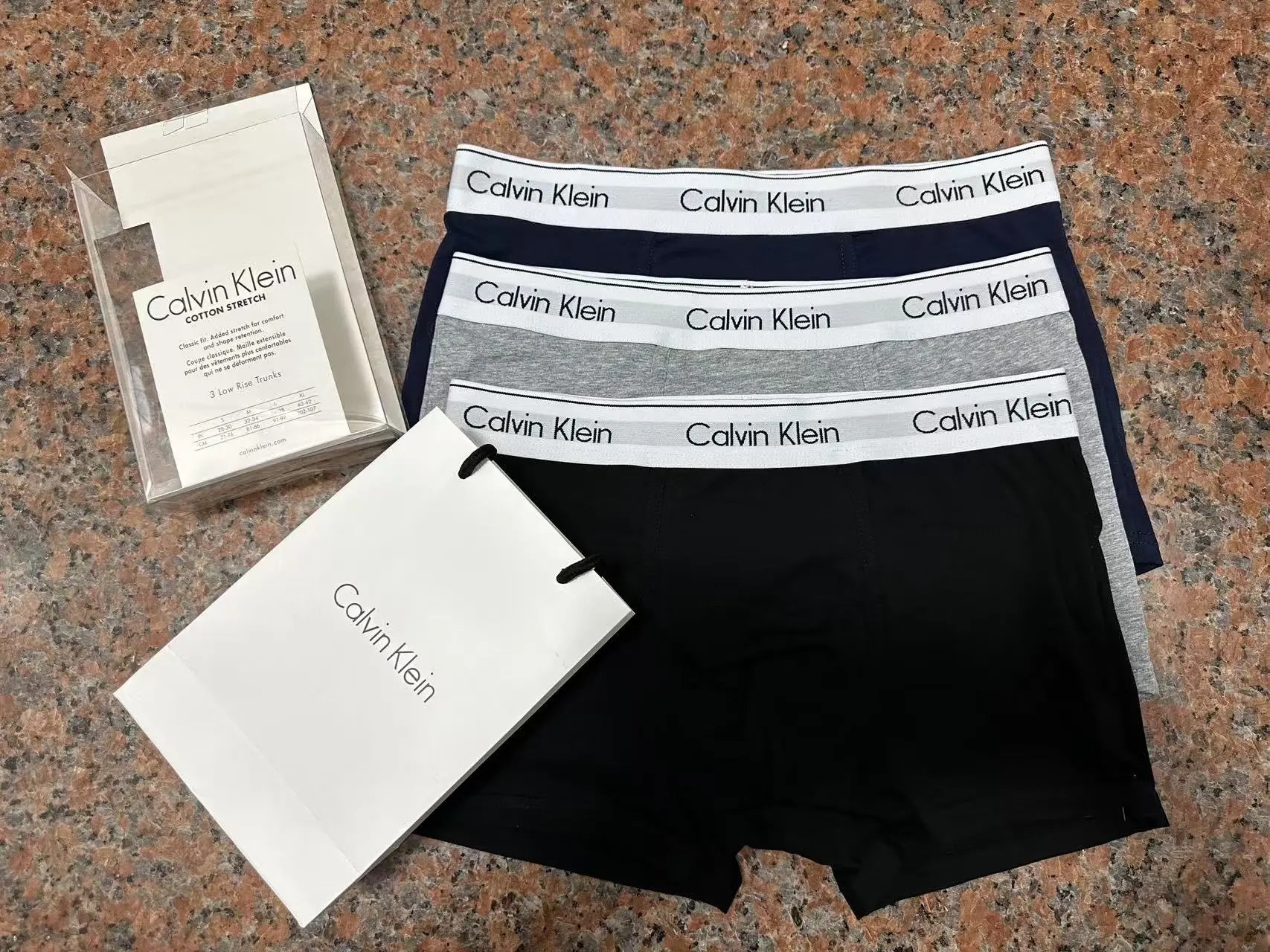 In Stock, Ready to Ship CK Light Luxury Underwear Authenticity-Verifiable with Full Tags!!! Ships Within 24 Hours! CK Underwear $25 Countertop Collection, All-Season Comfort Cotton 3-Pack Gift Box with Jacquard Trim, Low Rise, Smooth Anti-Chafe, Flat Front, Men's Boxer Briefs, Premium Quality