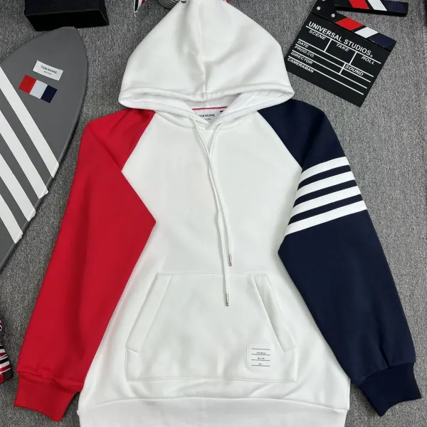 Thom Browne Color-Block Hoodie with Four-Bar Stripe Sleeve - 1