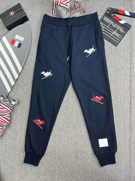 Thom Browne Skiing Dachshund Embroidered Navy Sweatpants - 1