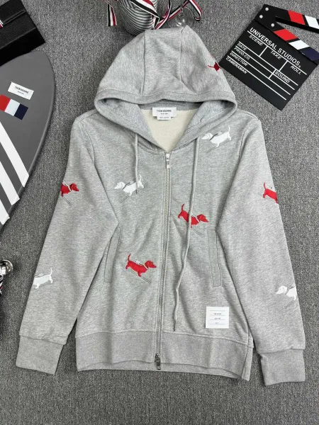 Thom Browne Dachshund Skiing Embroidered Zip-Up Hoodie Gray - 1
