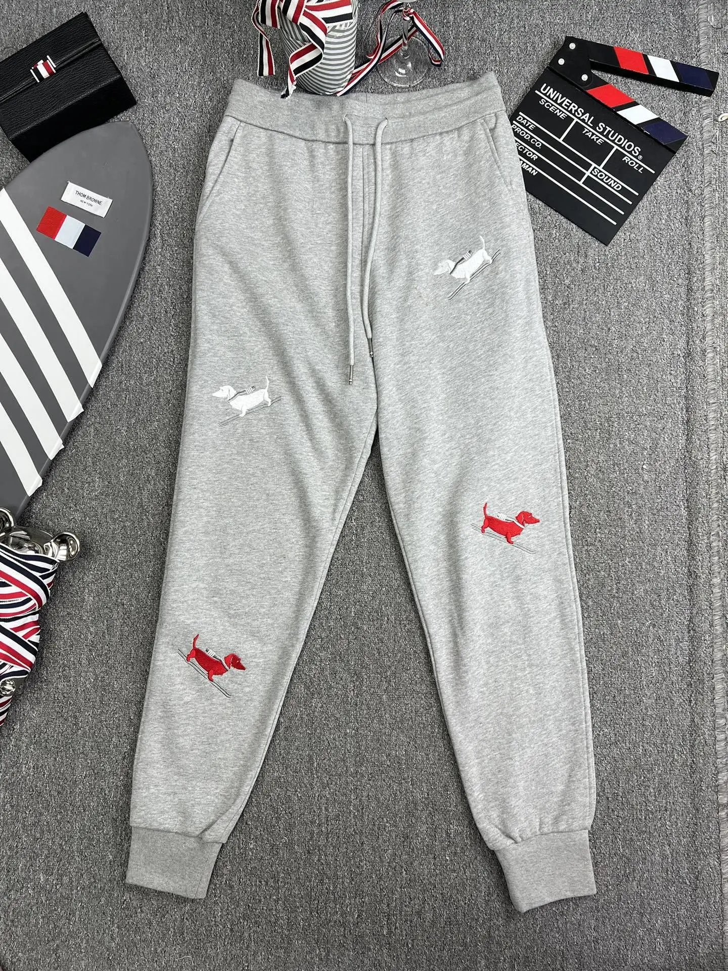 Thom Browne Skiing Dachshund Embroidered Gray Sweatpants