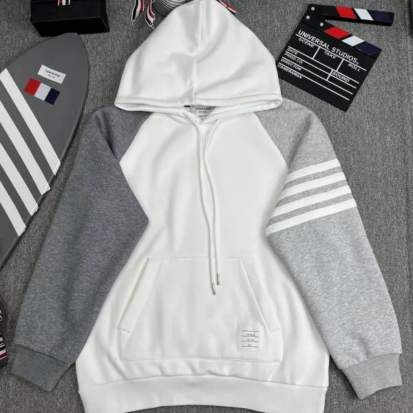 Thom Browne Color-Block Hoodie with Four-Bar Stripe Sleeves White / Gray Hoodie - 1
