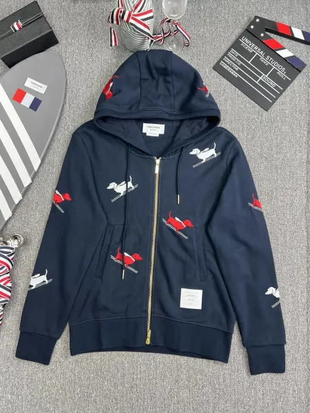 Thom Browne Skiing Dachshund Embroidered Navy Zip-Up Hoodie - 1
