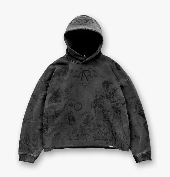Design Graphic Print Distressed Hoodie Black - 1