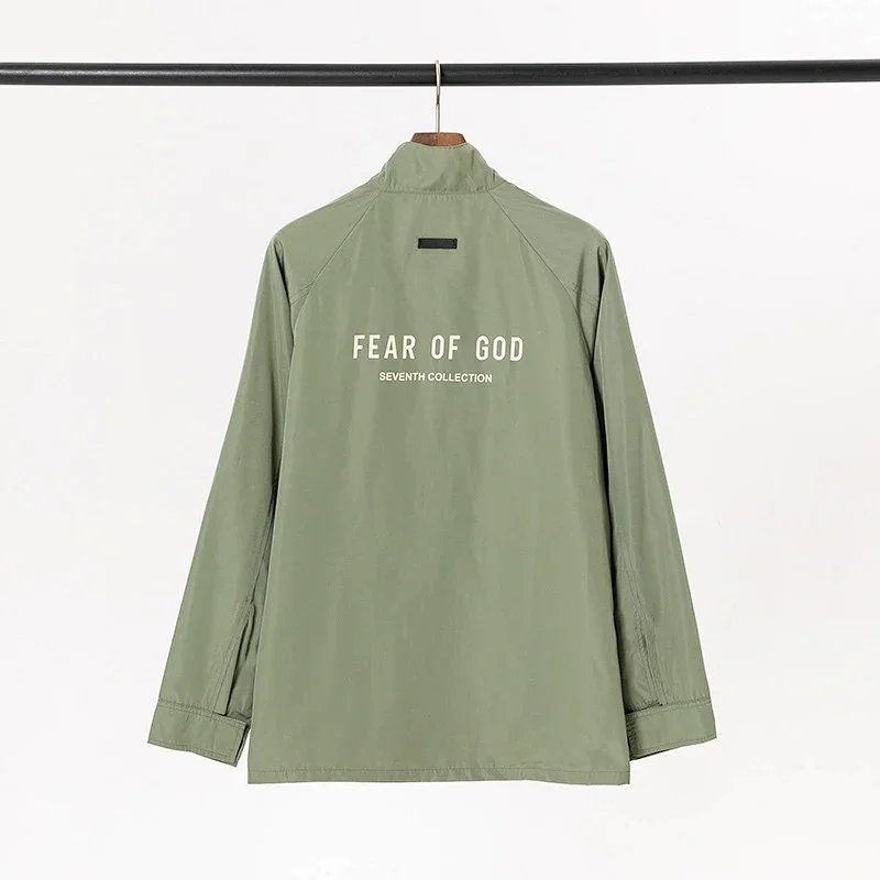 Streetwear High Neck Zip Coach Jacket Unisex Sage Green - Gallery Image 3 - Detailed View