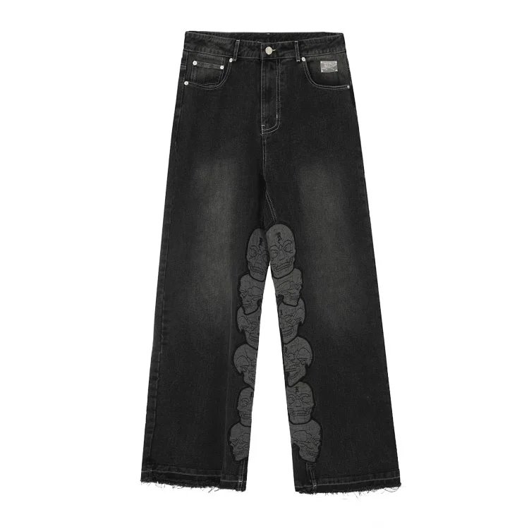 Street Skull Embroidered Denim Pants Charcoal - Gallery Image 4 - Detailed View