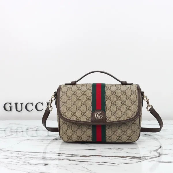 Gucci Ophidia Mini Shoulder Bag Beige GG Supreme Canvas with Web Stripe Handbag - 1