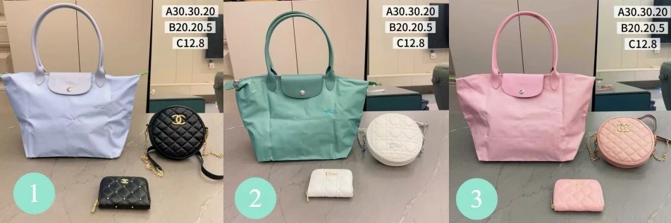 Longchamp Le Pliage Neo Tote Bag in Pastel Blue, Mint, and Pink with Chanel and Dior Accessories - 1