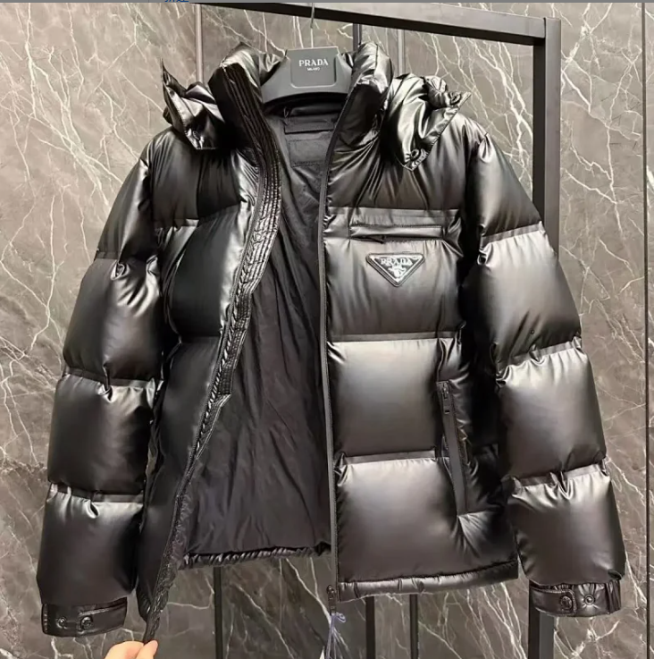 Prada Down Jackets Hooded and stand-collar puffer designs with triangular logo plaque — Hooded Down Jacket Letter Small Label