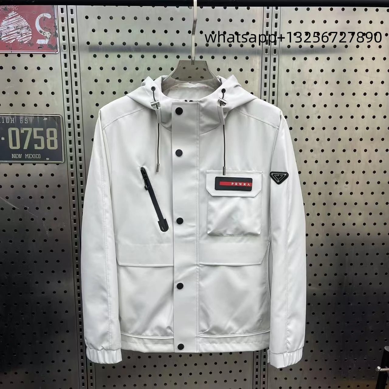 Unbranded Jackets Hooded zip-up jacket with monogram print and contrast sleeve tape — Prada4