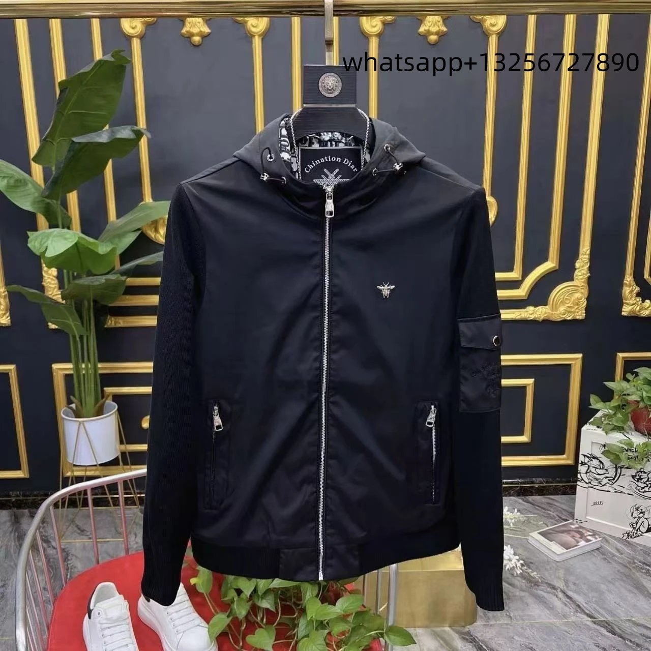 Unbranded Jackets Hooded zip-up jacket with monogram print and contrast sleeve tape — Prada9