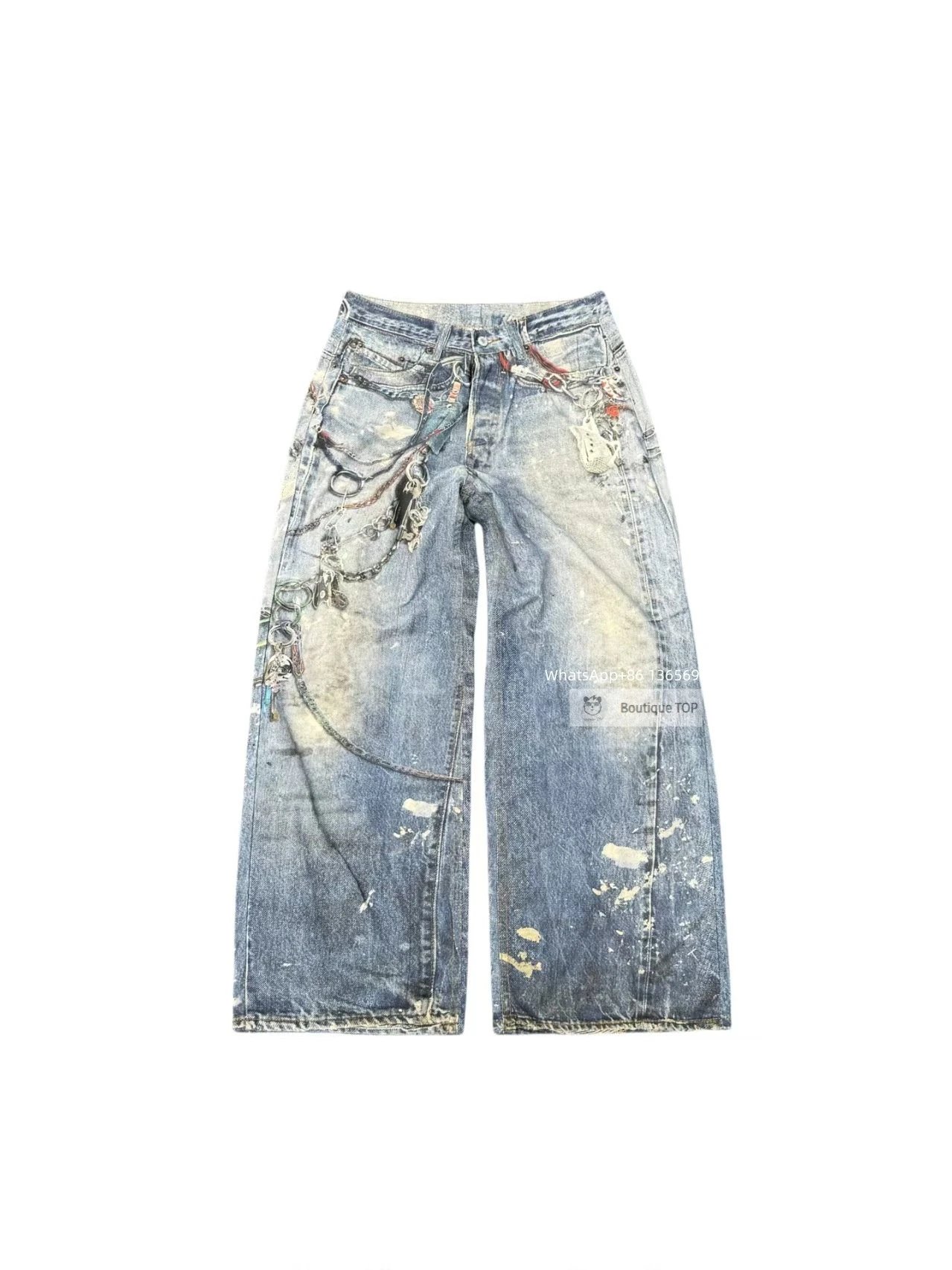Custom Distressed Chain-Adorned Wide-Leg Jeans Blue