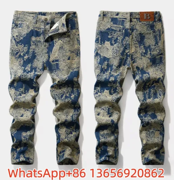 Design Printed Distressed Denim Jeans Blue Multicolor - 1
