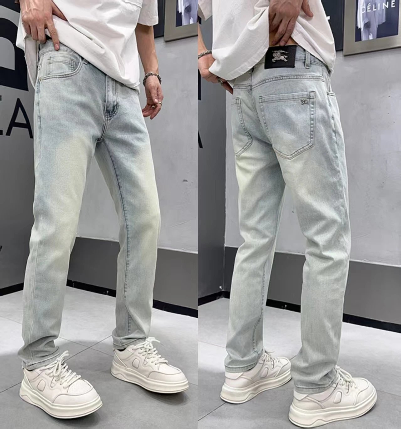 Design Embroidered Horse Motif Slim Fit Blue Jeans - 5