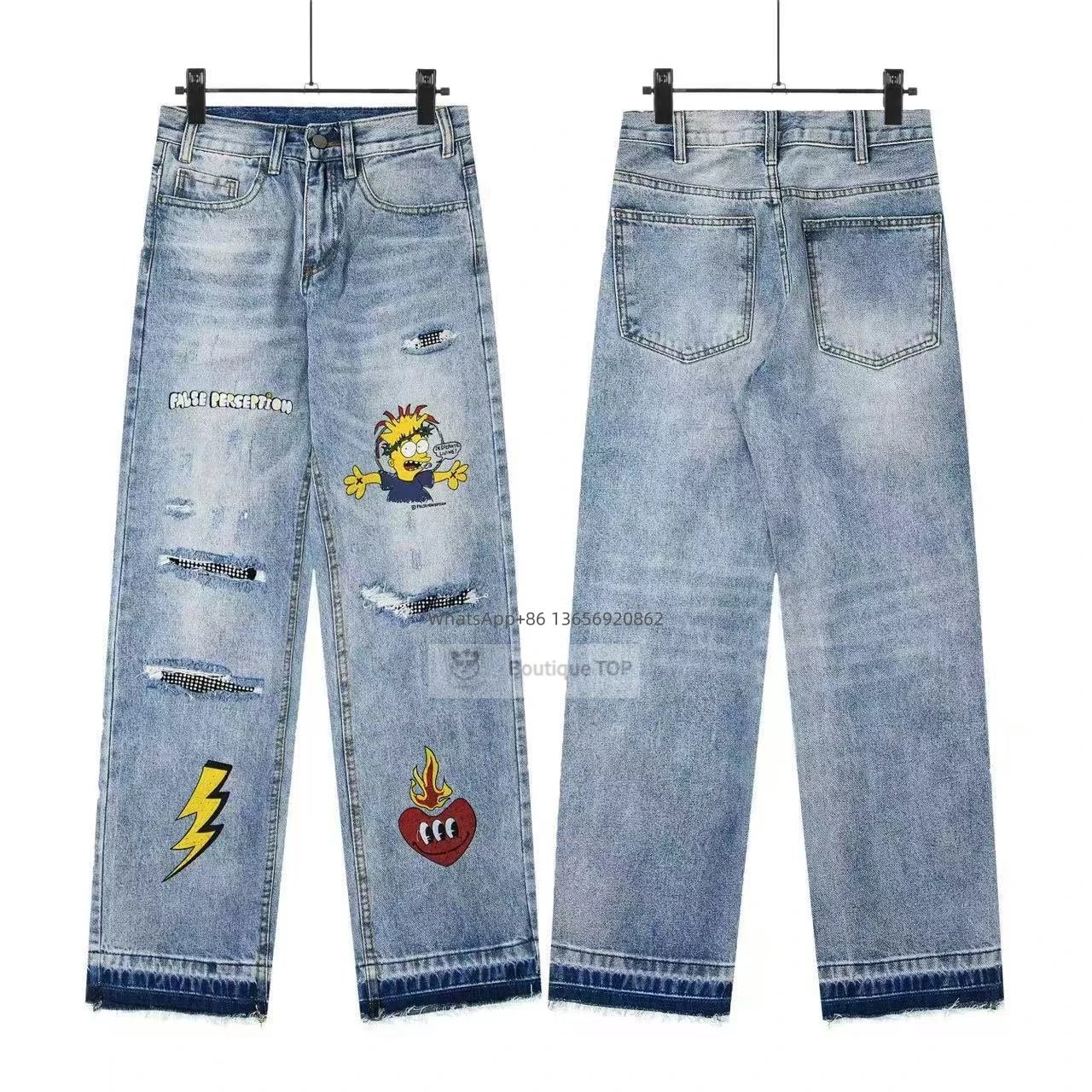 Custom Distressed Chain-Adorned Wide-Leg Jeans Blue - 6