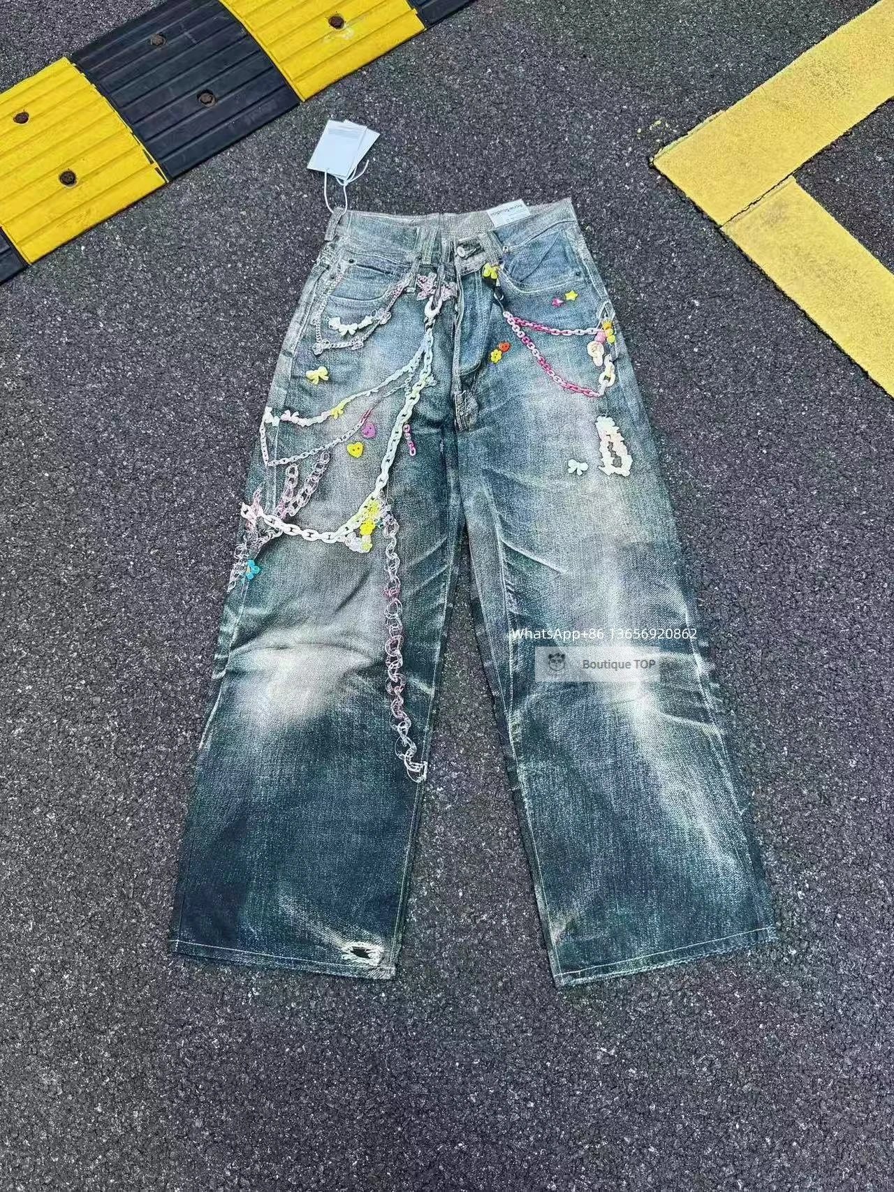 Custom Distressed Chain-Adorned Wide-Leg Jeans Blue - 10