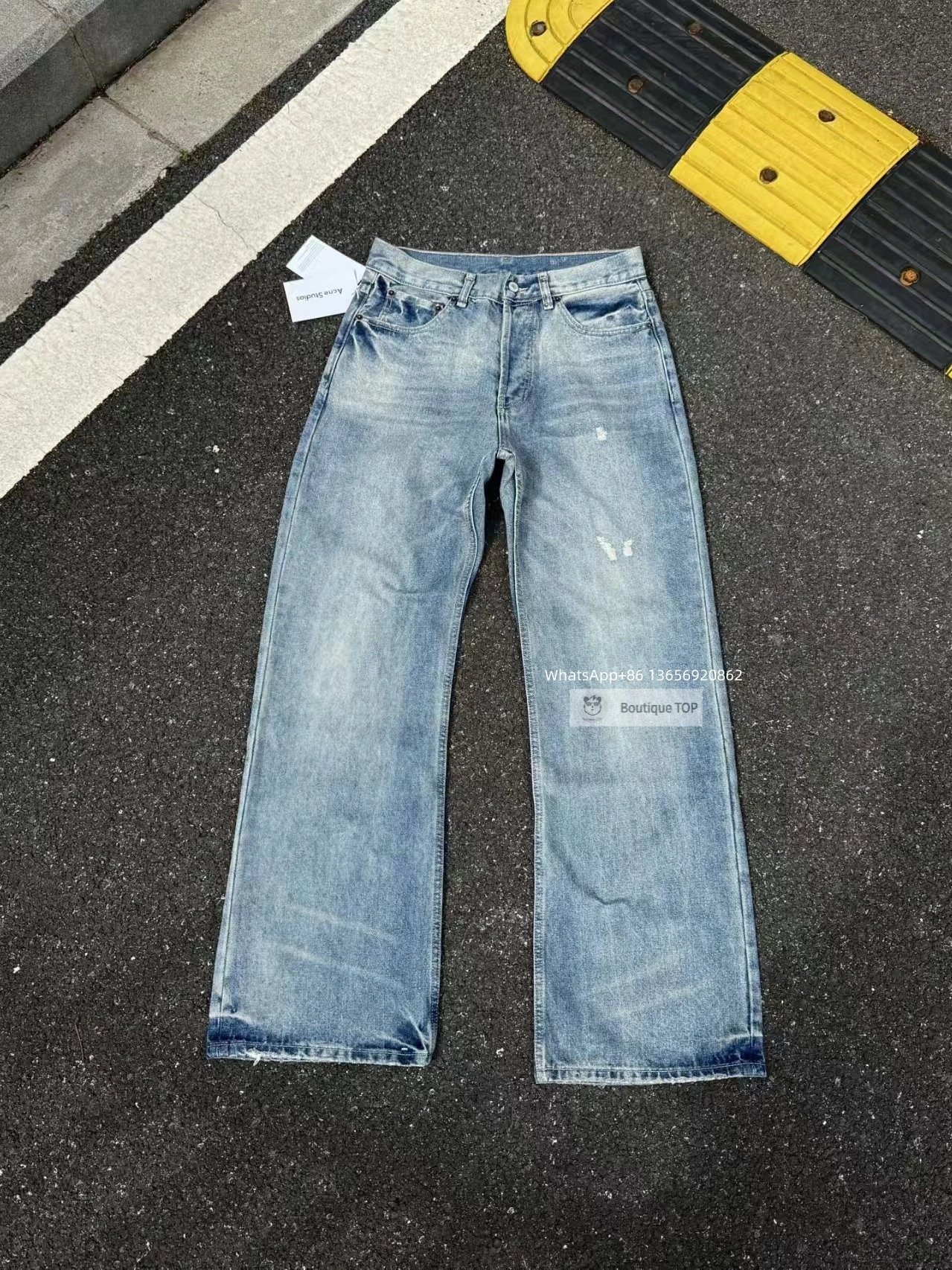 Custom Distressed Chain-Adorned Wide-Leg Jeans Blue - 9