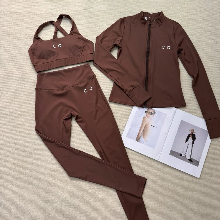 Unbranded Matching Sets Three-Piece Zip-Up Activewear Set with Sports Bra and Leggings — Coffee color