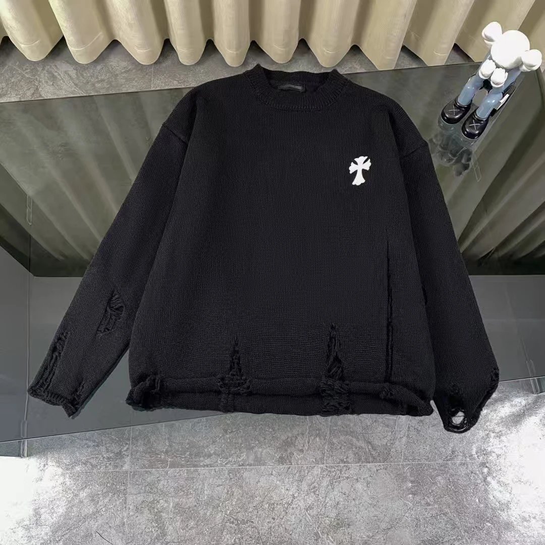 Chrome Hearts Cross Embroidery Distressed Knit Sweater