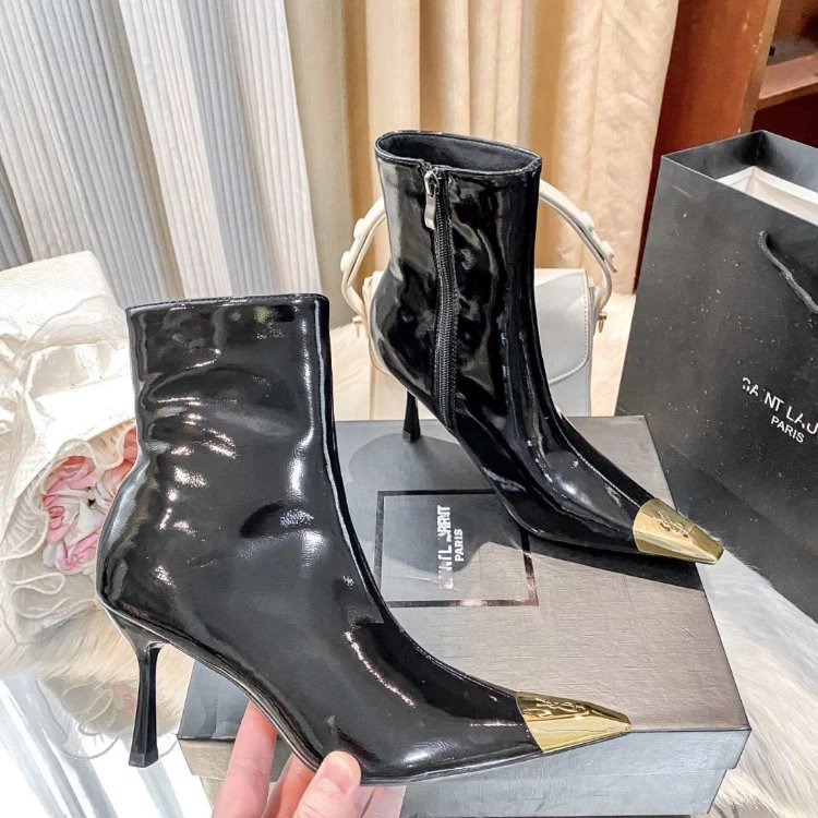 Saint Laurent Boots Side-Zip Ankle with Gold-Tone Toe Caps and Stiletto Heels — SKU-01-Gloss Black 8cm