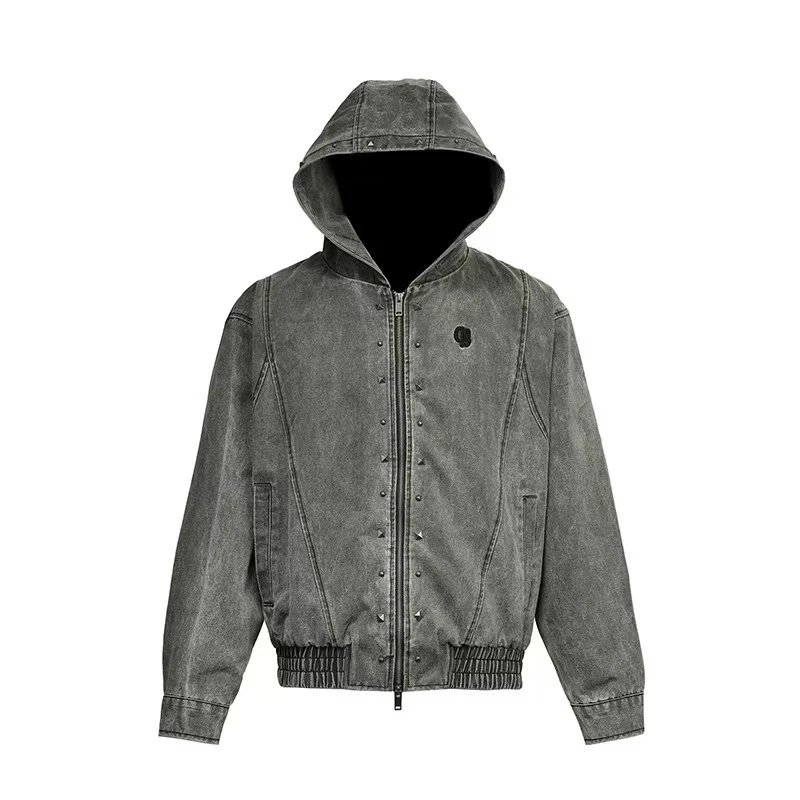 Savage Studded Distressed Hooded Bomber Jacket - 006210