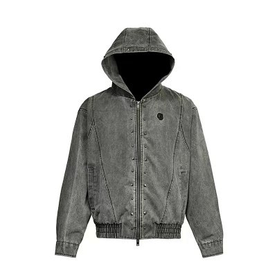 Unknown Brand Distressed Denim Hooded Bomber Jacket