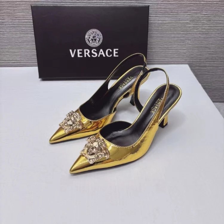 Versace High Heels Pointed-Toe Medusa Slingback Pumps — Golden